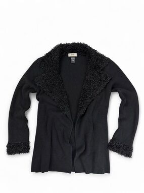 Y2K GAS Black Ribbed Open Front Cardigan Fuzzy Faux Fur Collar Size M